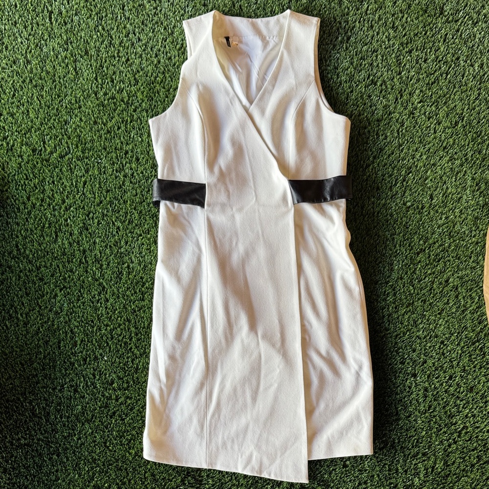Sleeveless White Midi Wrap Dress with Black Waist Panels